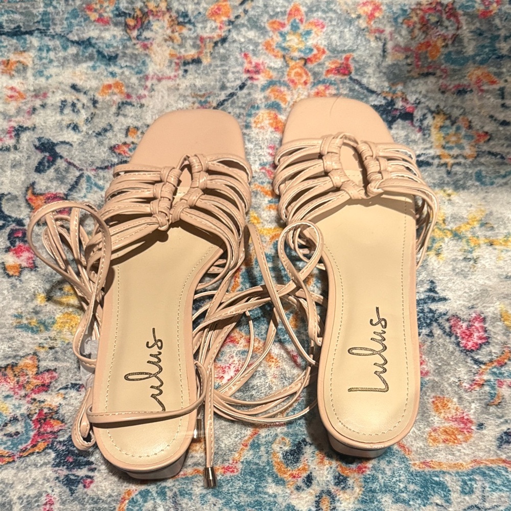 Lulu's Blush Lace-Up Strappy Square-Toe Sandals